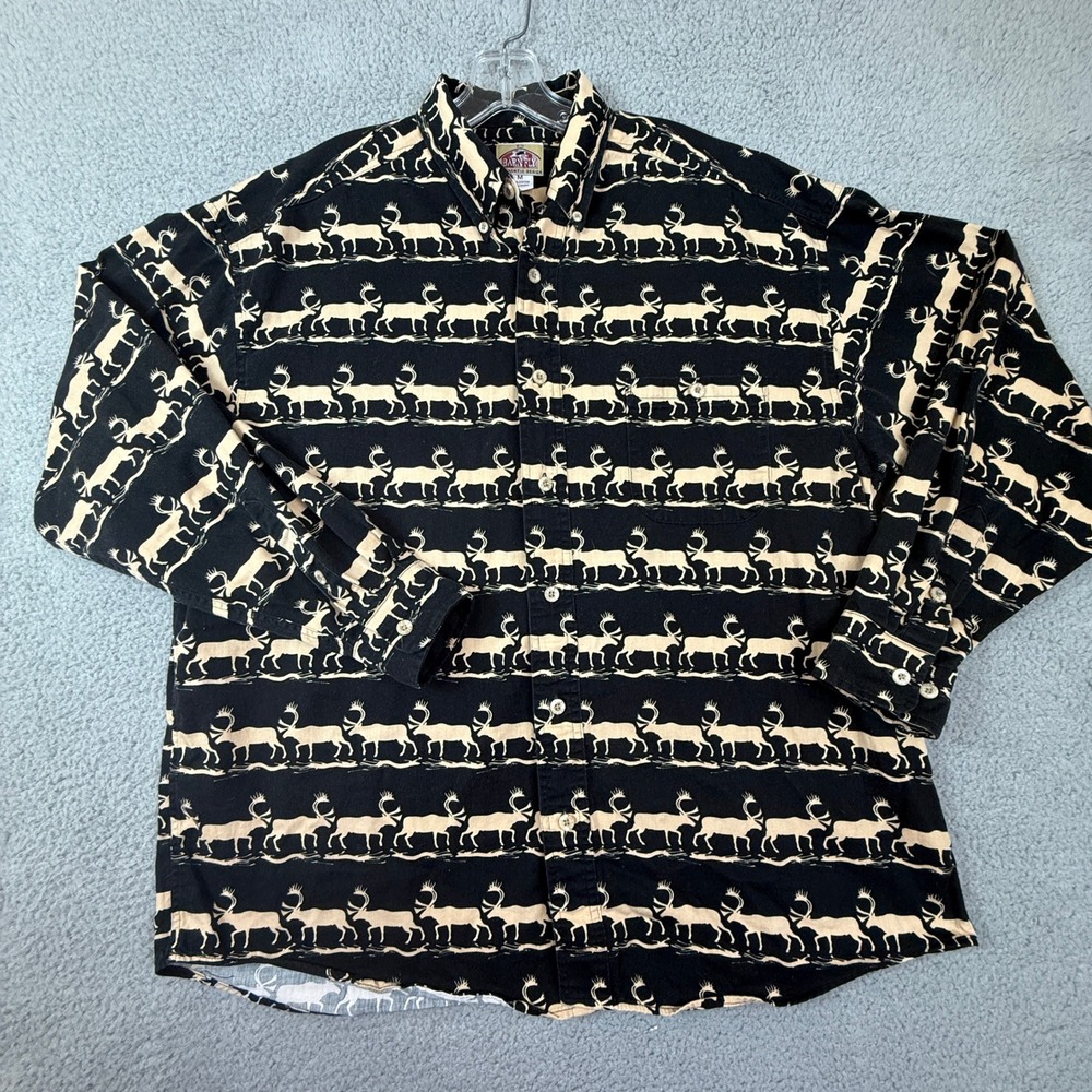 Barn Fly Button Up Shirt Mens M Black Beige Deer Pattern Cotton USA Made